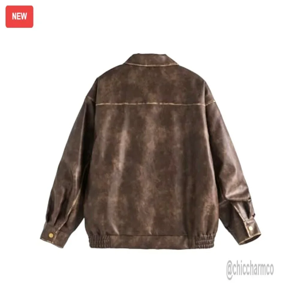 Oversized Faux Leather Motorcycle Jacket Vintage Y2K Style - Picture 2 of 4
